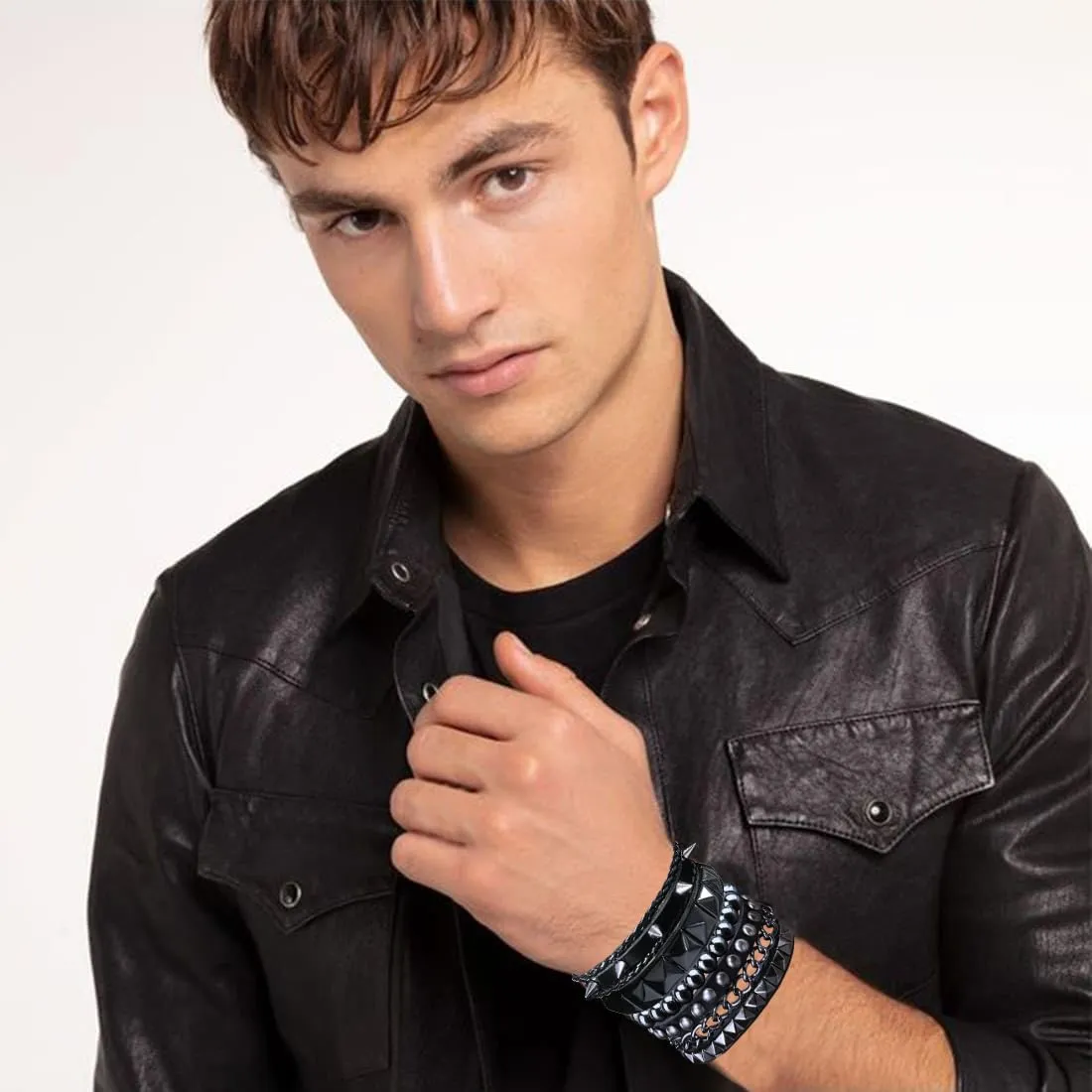 4 Pcs Leather Punk Rock Studded Bracelets Set for Men and Women 80s Adjustable Spike Cuff and Retro Emo Jewelry Accessories