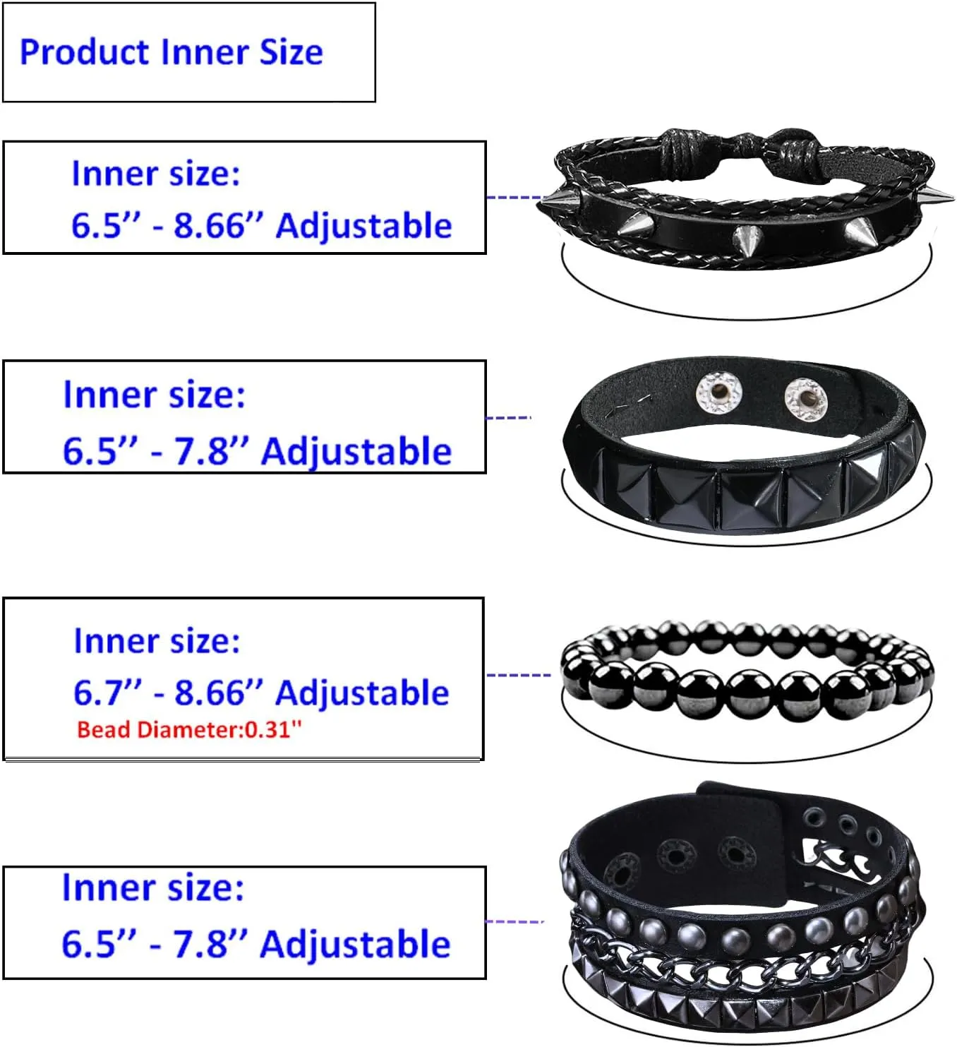 4 Pcs Leather Punk Rock Studded Bracelets Set for Men and Women 80s Adjustable Spike Cuff and Retro Emo Jewelry Accessories