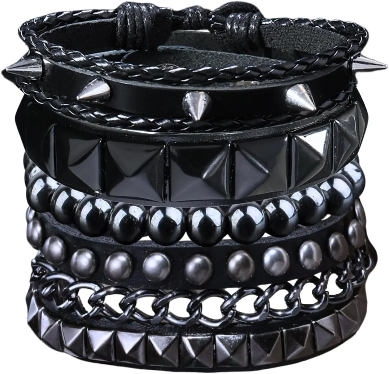 4 Pcs Leather Punk Rock Studded Bracelets Set for Men and Women 80s Adjustable Spike Cuff and Retro Emo Jewelry Accessories
