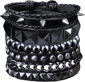 4 Pcs Leather Punk Rock Studded Bracelets Set for Men and Women 80s Adjustable Spike Cuff and Retro Emo Jewelry Accessories
