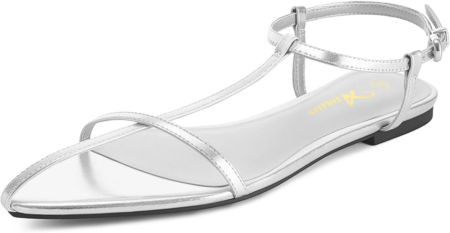 Athlefit Flat Sandals for Women Comfortable Buckle Strappy Sandals Pointed Open Toe Ankle Strap Sandals