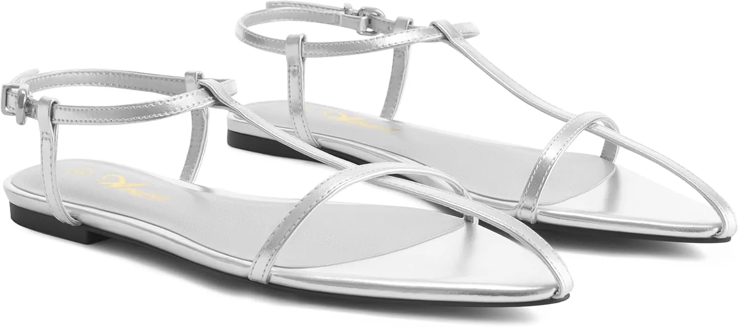 Athlefit Flat Sandals for Women Comfortable Buckle Strappy Sandals Pointed Open Toe Ankle Strap Sandals