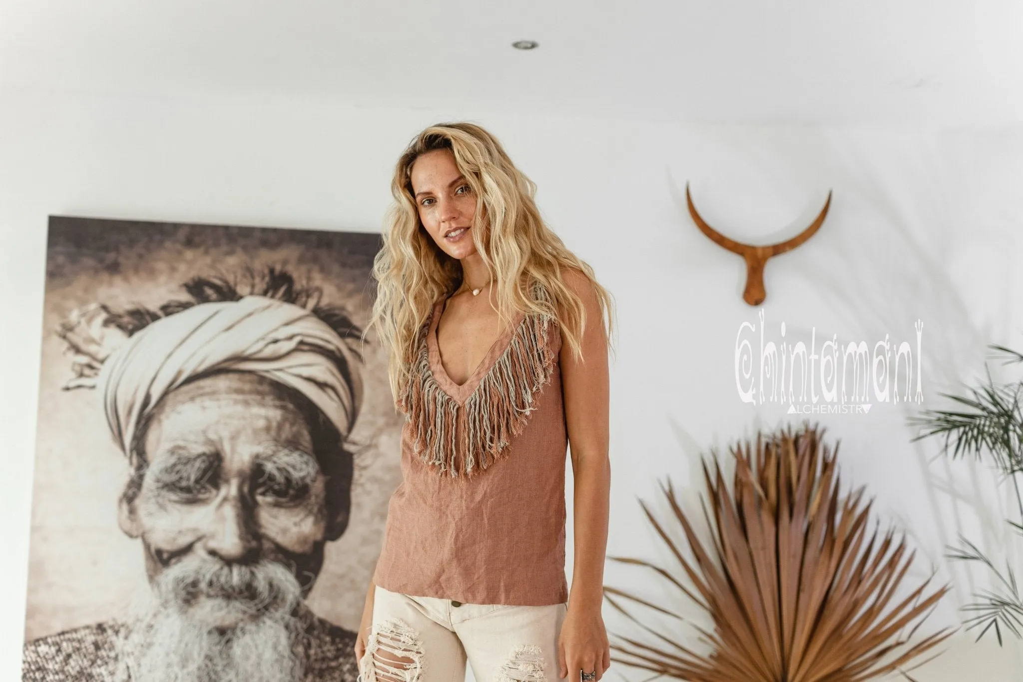 Boho Linen Tank Top with Fringes / Dusty Pink