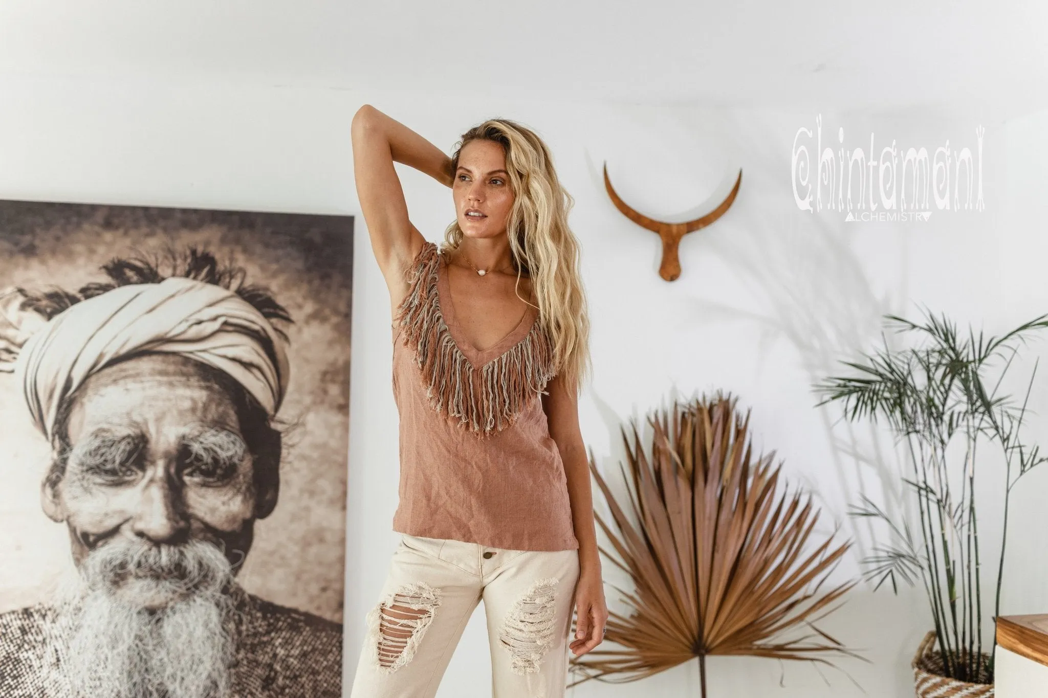 Boho Linen Tank Top with Fringes / Dusty Pink