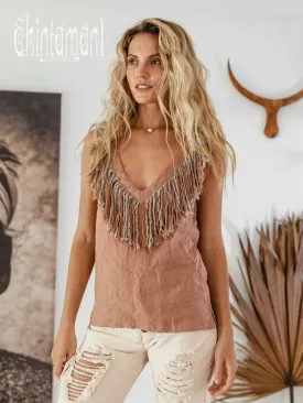 Boho Linen Tank Top with Fringes / Dusty Pink