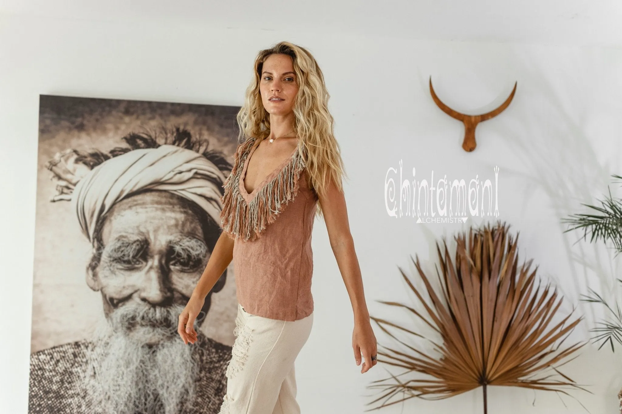 Boho Linen Tank Top with Fringes / Dusty Pink