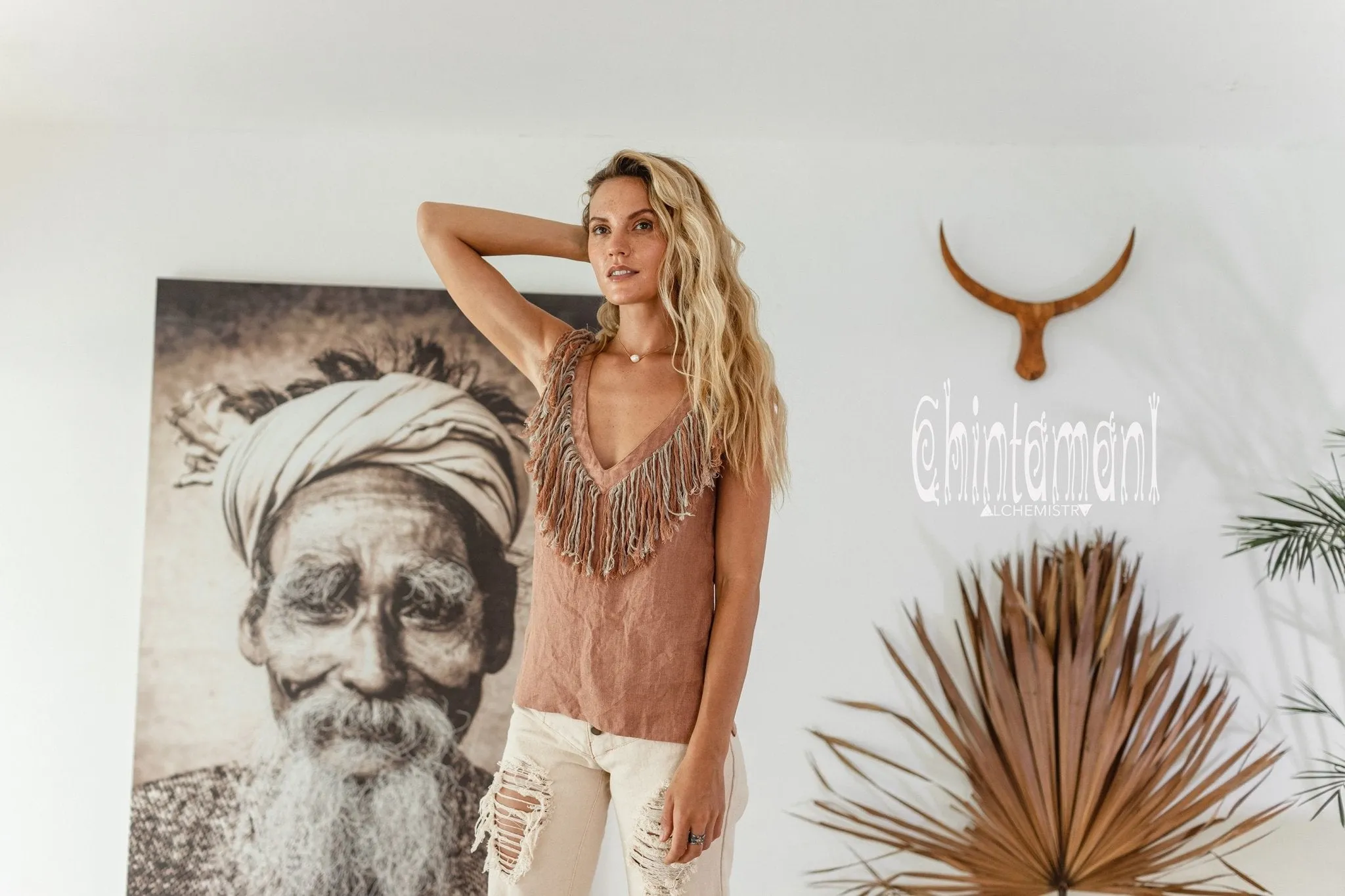 Boho Linen Tank Top with Fringes / Dusty Pink