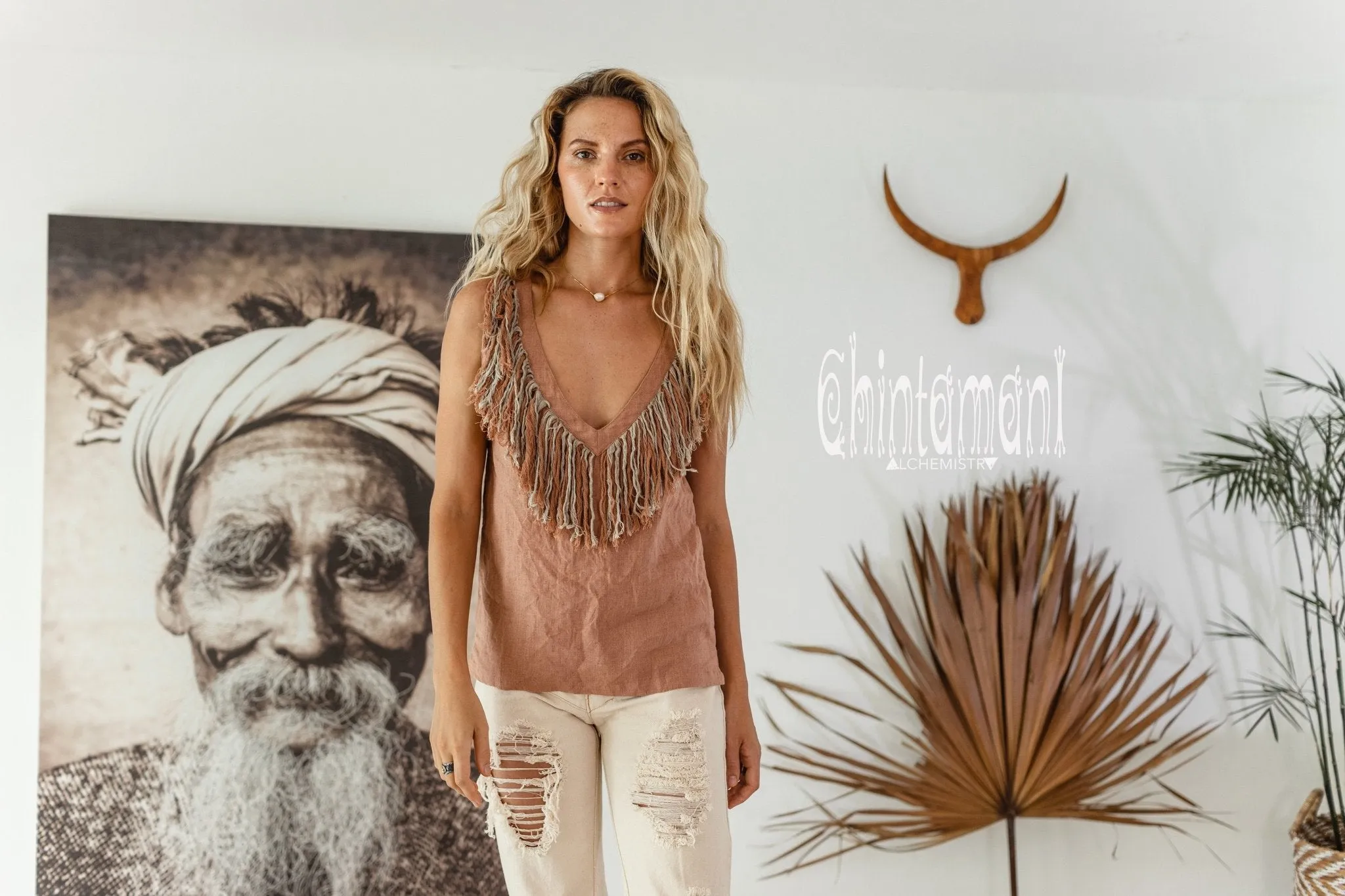 Boho Linen Tank Top with Fringes / Dusty Pink