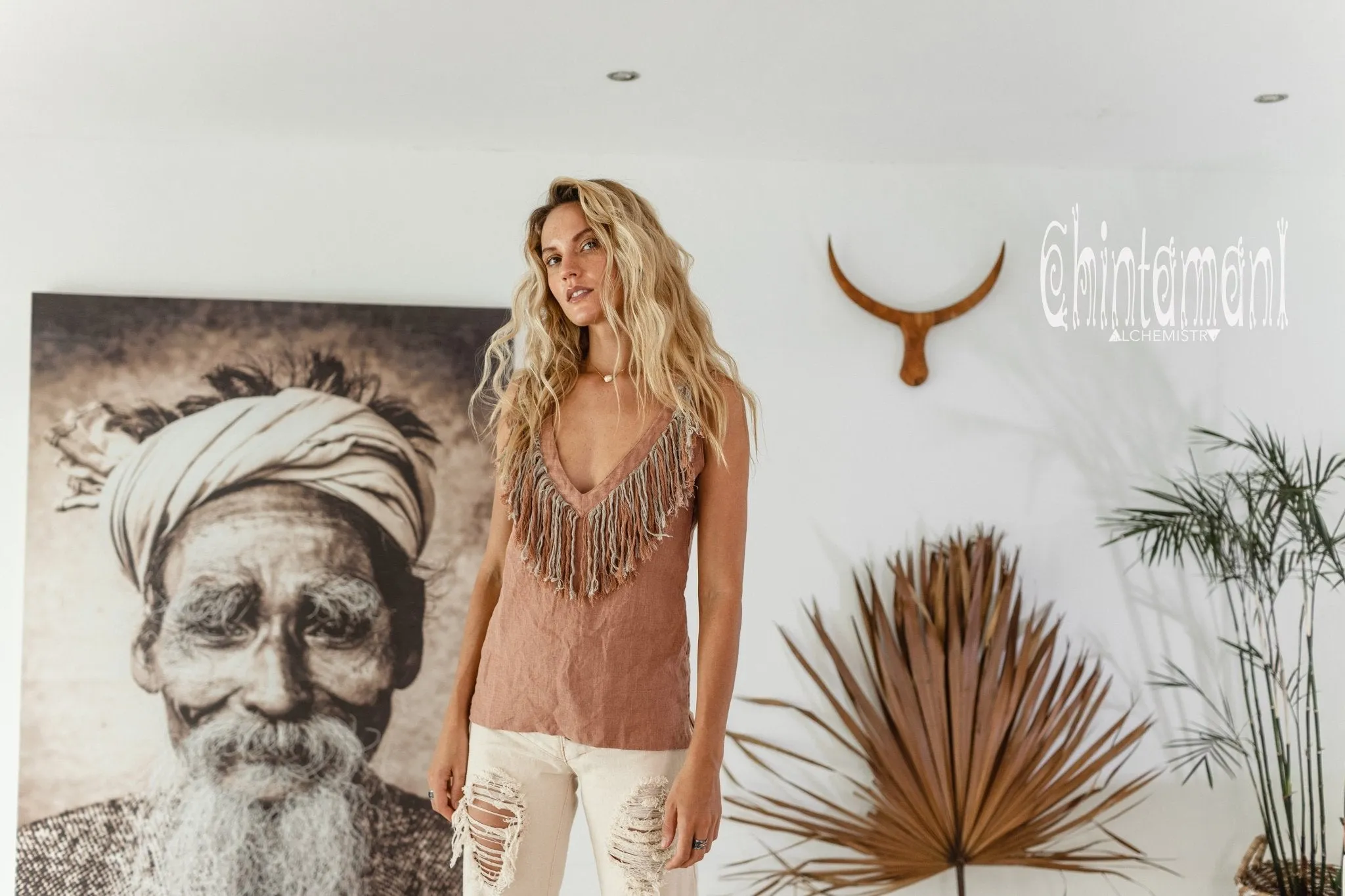 Boho Linen Tank Top with Fringes / Dusty Pink