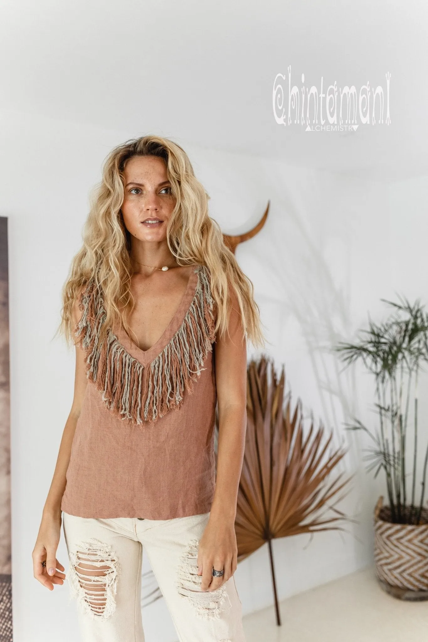 Boho Linen Tank Top with Fringes / Dusty Pink
