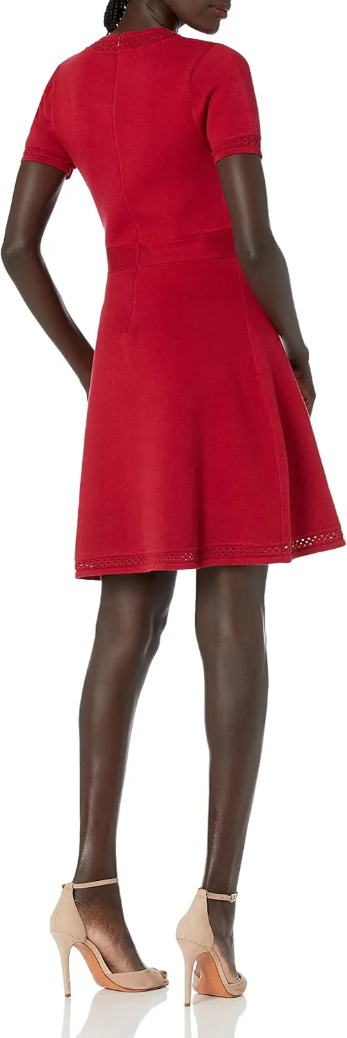 Cable Stitch Women's Fit-and-Flare Knit Dress - Crewneck Short Sleeve Midi Sweater Dress