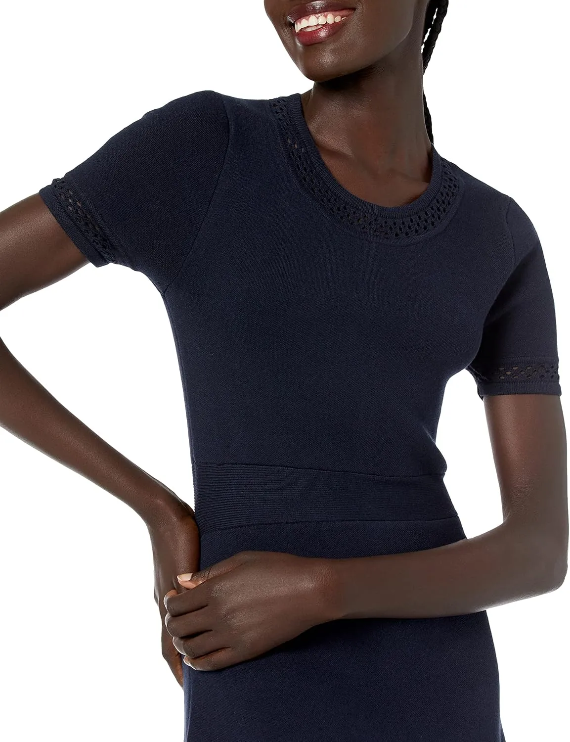 Cable Stitch Women's Fit-and-Flare Knit Dress - Crewneck Short Sleeve Midi Sweater Dress