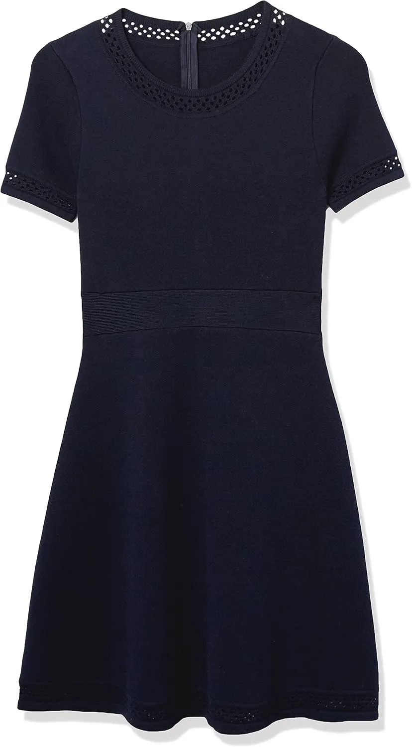 Cable Stitch Women's Fit-and-Flare Knit Dress - Crewneck Short Sleeve Midi Sweater Dress