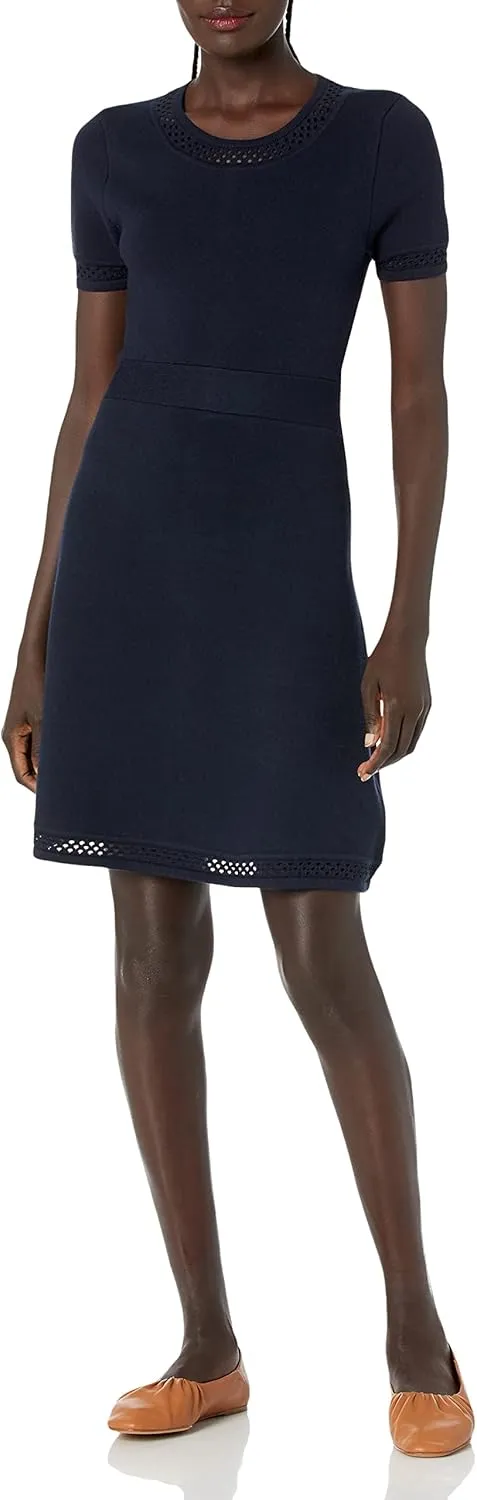 Cable Stitch Women's Fit-and-Flare Knit Dress - Crewneck Short Sleeve Midi Sweater Dress