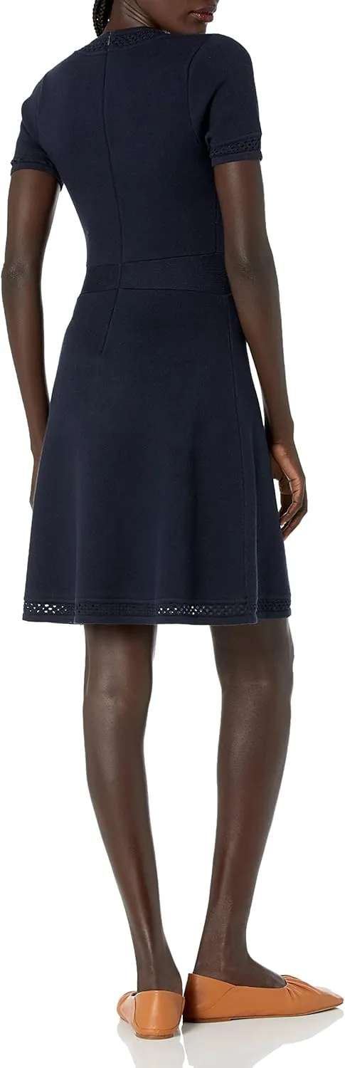 Cable Stitch Women's Fit-and-Flare Knit Dress - Crewneck Short Sleeve Midi Sweater Dress
