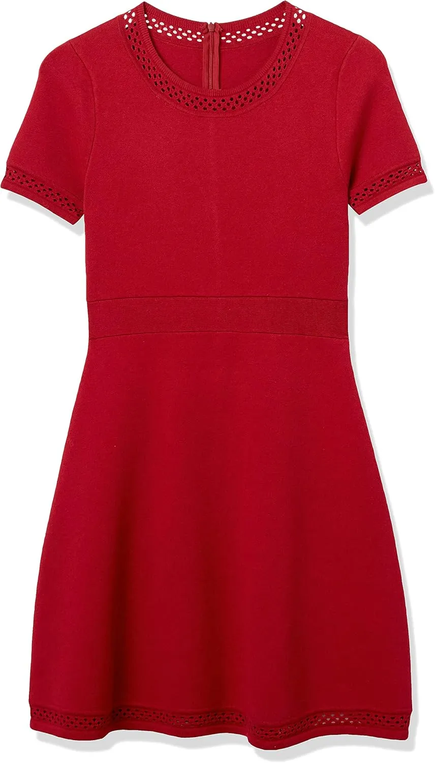 Cable Stitch Women's Fit-and-Flare Knit Dress - Crewneck Short Sleeve Midi Sweater Dress