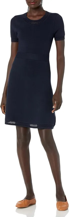 Cable Stitch Women's Fit-and-Flare Knit Dress - Crewneck Short Sleeve Midi Sweater Dress