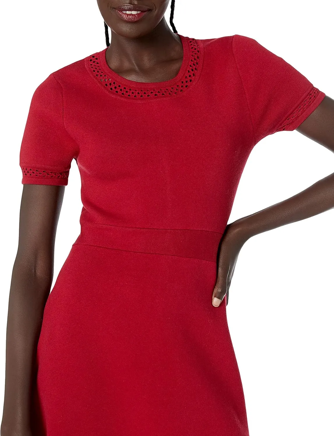 Cable Stitch Women's Fit-and-Flare Knit Dress - Crewneck Short Sleeve Midi Sweater Dress