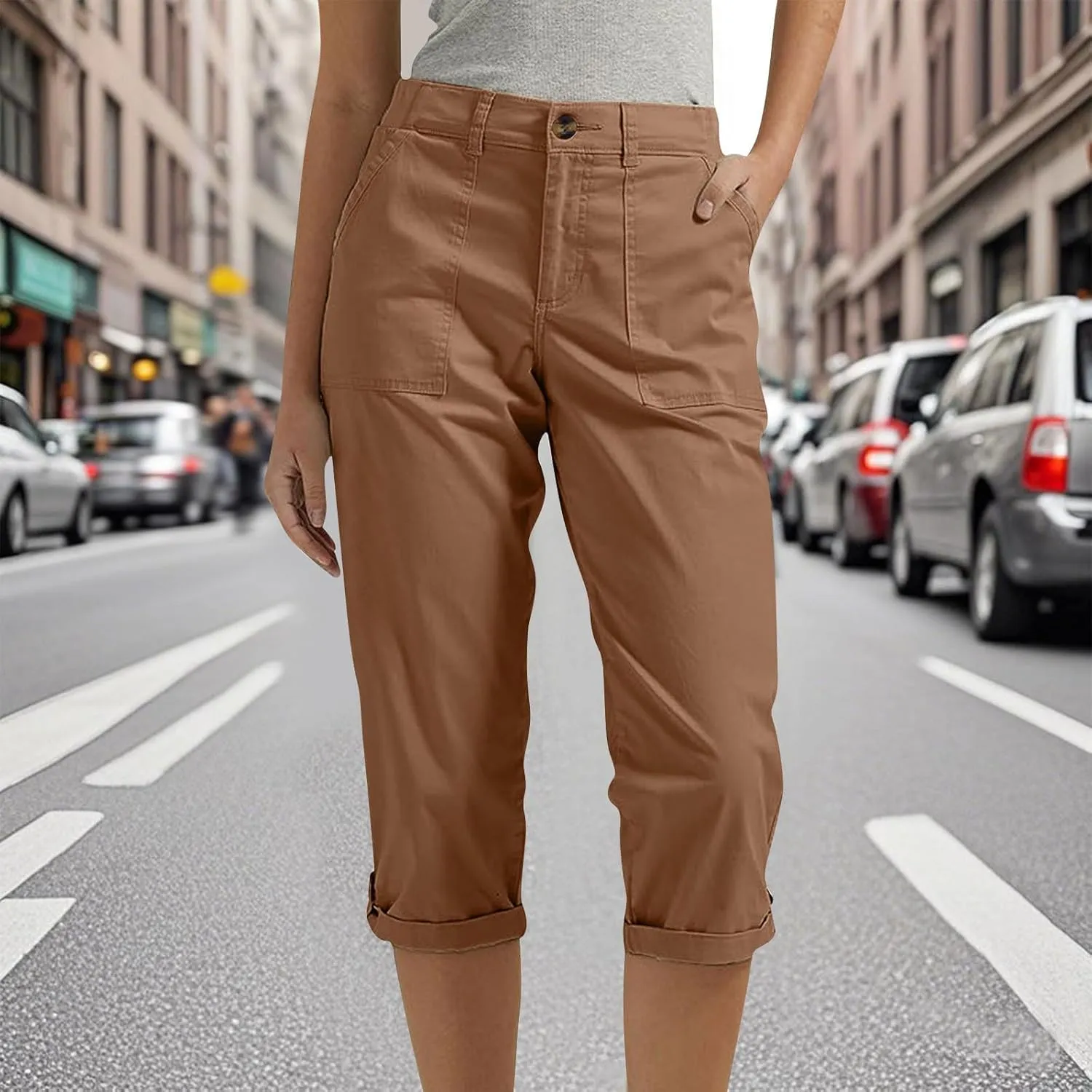 Cargo Capris for Women with Pockets Casual Summer Comfy Outdoor High Waisted Slim Fit Cropped Hiking Pants
