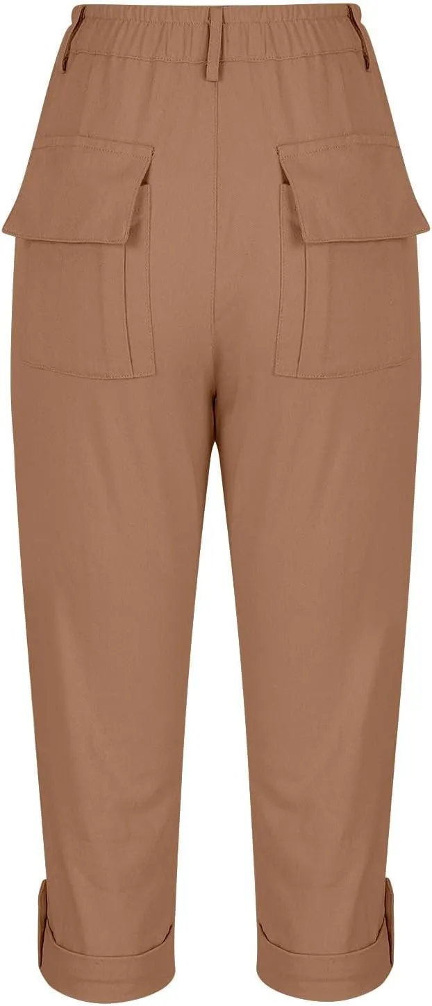 Cargo Capris for Women with Pockets Casual Summer Comfy Outdoor High Waisted Slim Fit Cropped Hiking Pants