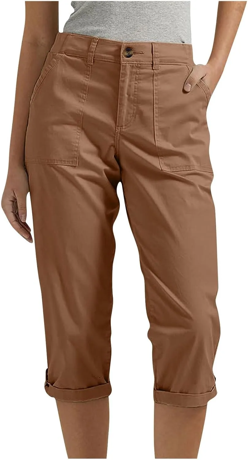 Cargo Capris for Women with Pockets Casual Summer Comfy Outdoor High Waisted Slim Fit Cropped Hiking Pants