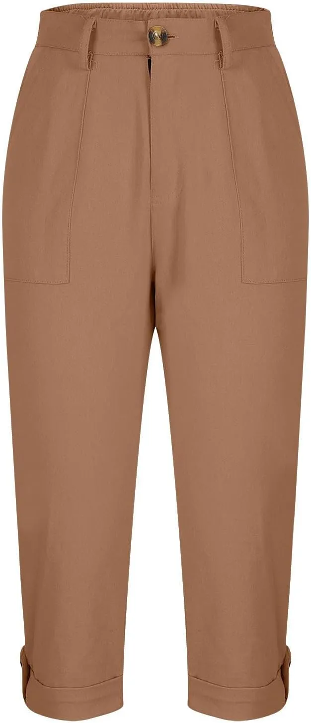 Cargo Capris for Women with Pockets Casual Summer Comfy Outdoor High Waisted Slim Fit Cropped Hiking Pants