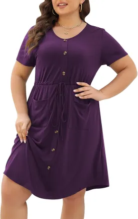 Celkuser Plus Size Summer Casual Midi Dresses for Women Short Sleeve V-Neck A-Line Dress with Belt and Pockets 2024