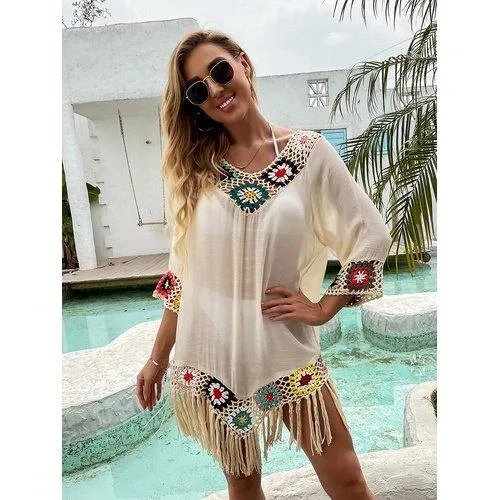 Crochet Tassel Embroidery Chiffon Swimsuit Cover Up