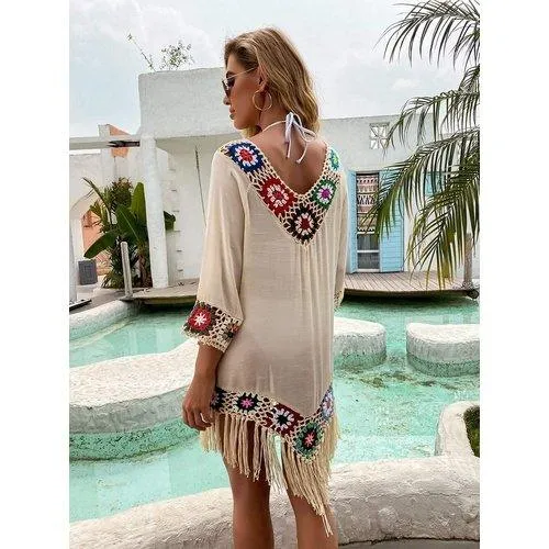 Crochet Tassel Embroidery Chiffon Swimsuit Cover Up