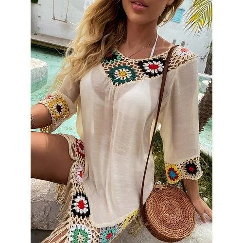 Crochet Tassel Embroidery Chiffon Swimsuit Cover Up