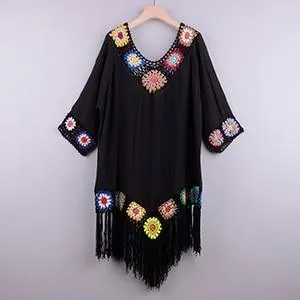 Crochet Tassel Embroidery Chiffon Swimsuit Cover Up