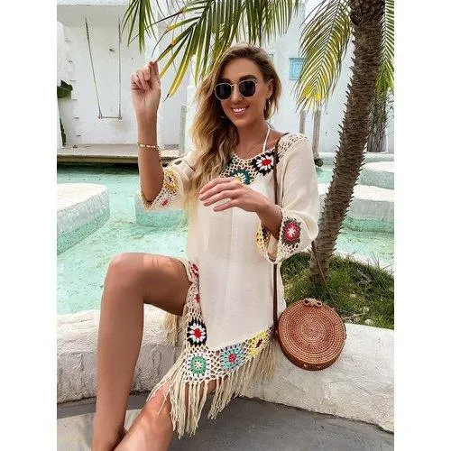 Crochet Tassel Embroidery Chiffon Swimsuit Cover Up