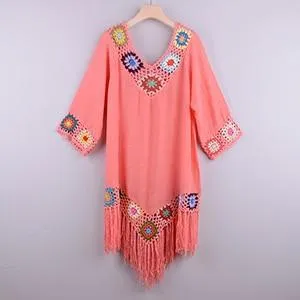 Crochet Tassel Embroidery Chiffon Swimsuit Cover Up