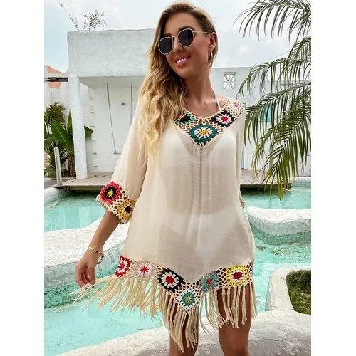 Crochet Tassel Embroidery Chiffon Swimsuit Cover Up