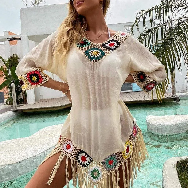Crochet Tassel Embroidery Chiffon Swimsuit Cover Up