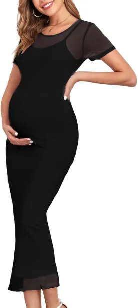 CYCLAMEN 2024 Maternity Mesh Dress Ruched Side Round Neck Pregnancy Dresses Baby Shower Wedding Guest Cocktail Party