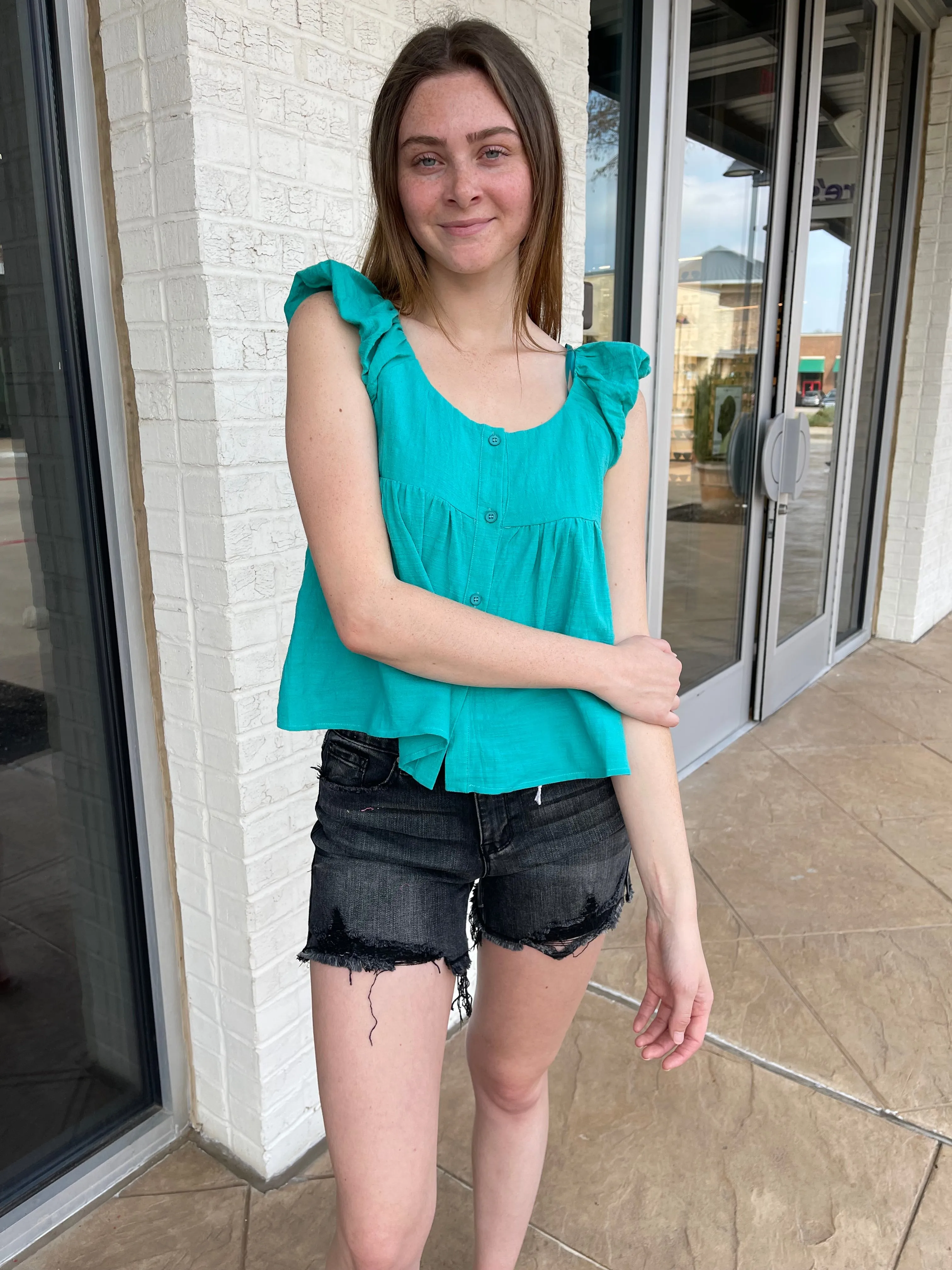 Daisy Ruffle Shoulder Babydoll Top Jade