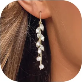 Dangle Earrings for Women Long 14k Gold/Silver Plated Threader Earrings Pearl and Cubic Zirconia Hypoallergenic Dangling Chain Earrings Trendy Dainty Wedding Earrings for Women Jewelry