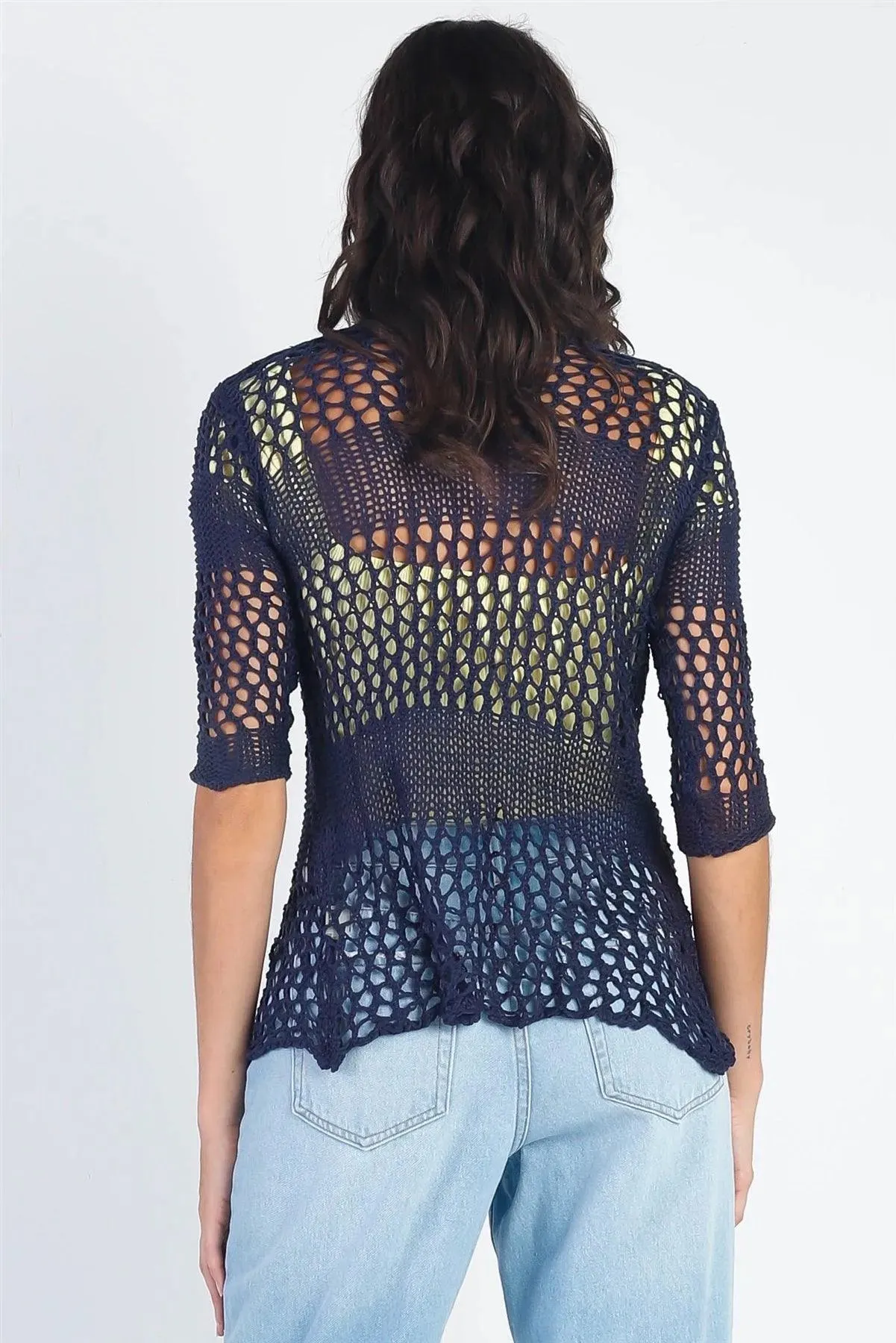 Deep Blue Crochet Knit Hook&Eye Closure Cover Up Top /3-3