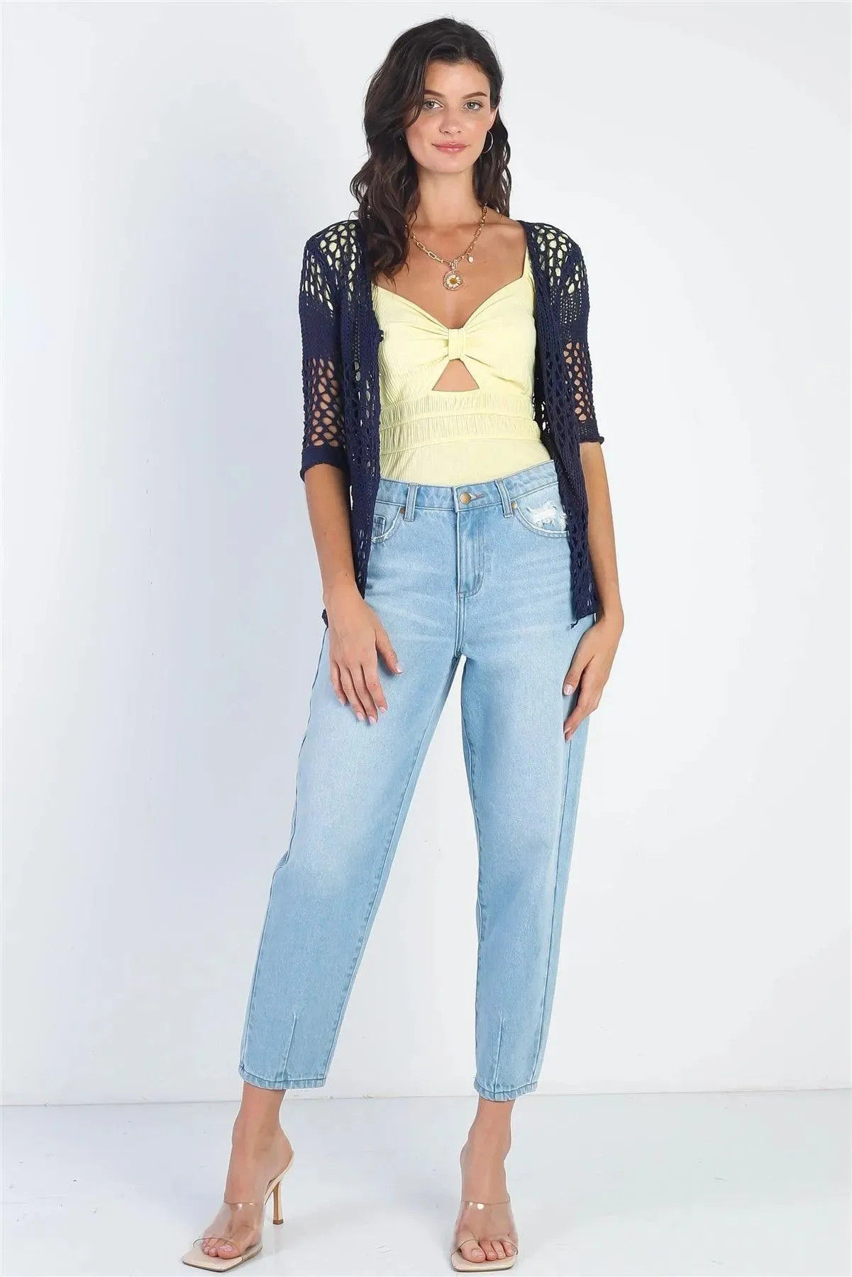 Deep Blue Crochet Knit Hook&Eye Closure Cover Up Top /3-3