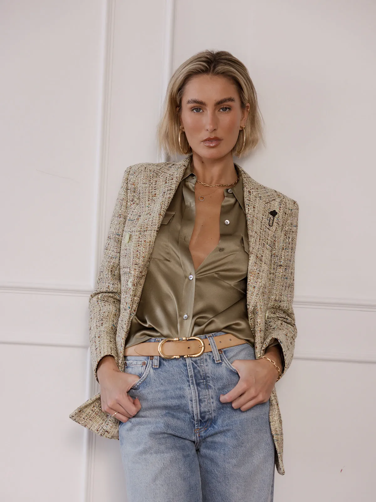 Double Breasted Blazer in Gold Tweed