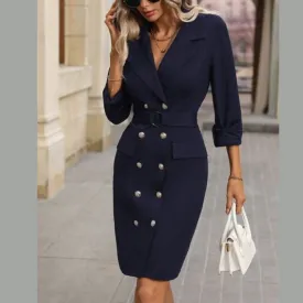 Double-Breasted Lapel Collar Long Sleeve Dress