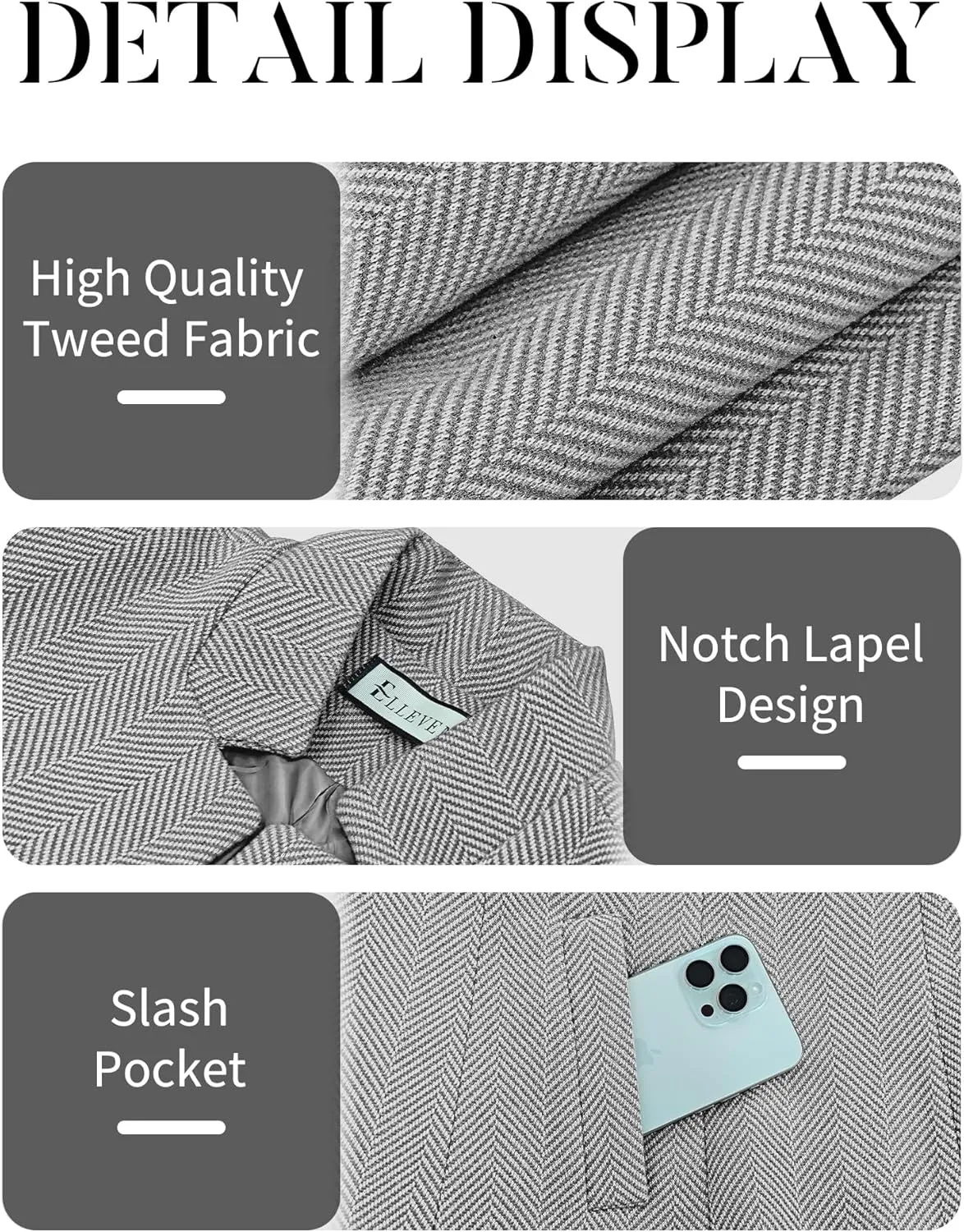 ELLEVEN Womens Open Front Herringbone Blazer-Business Casual Long Sleeve Work Jacket with Full Lining and Padded Shoulders