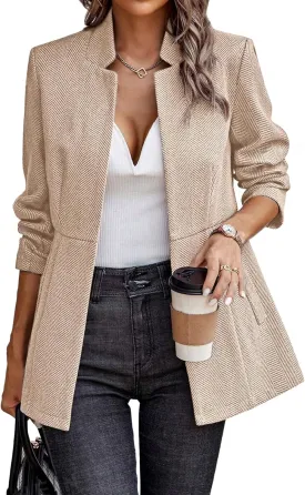 ELLEVEN Womens Open Front Herringbone Blazer-Business Casual Long Sleeve Work Jacket with Full Lining and Padded Shoulders