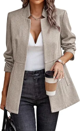 ELLEVEN Womens Open Front Herringbone Blazer-Business Casual Long Sleeve Work Jacket with Full Lining and Padded Shoulders