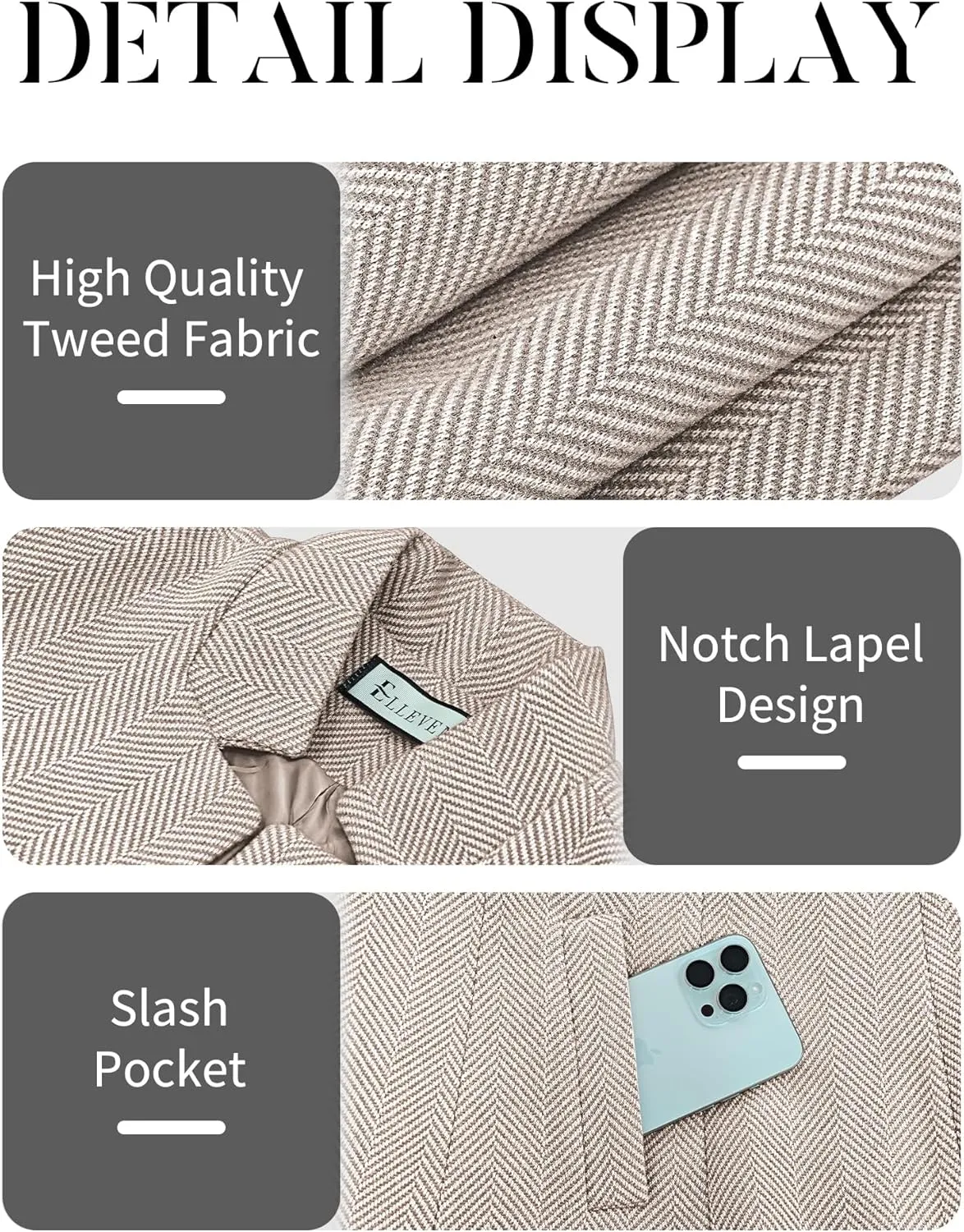 ELLEVEN Womens Open Front Herringbone Blazer-Business Casual Long Sleeve Work Jacket with Full Lining and Padded Shoulders