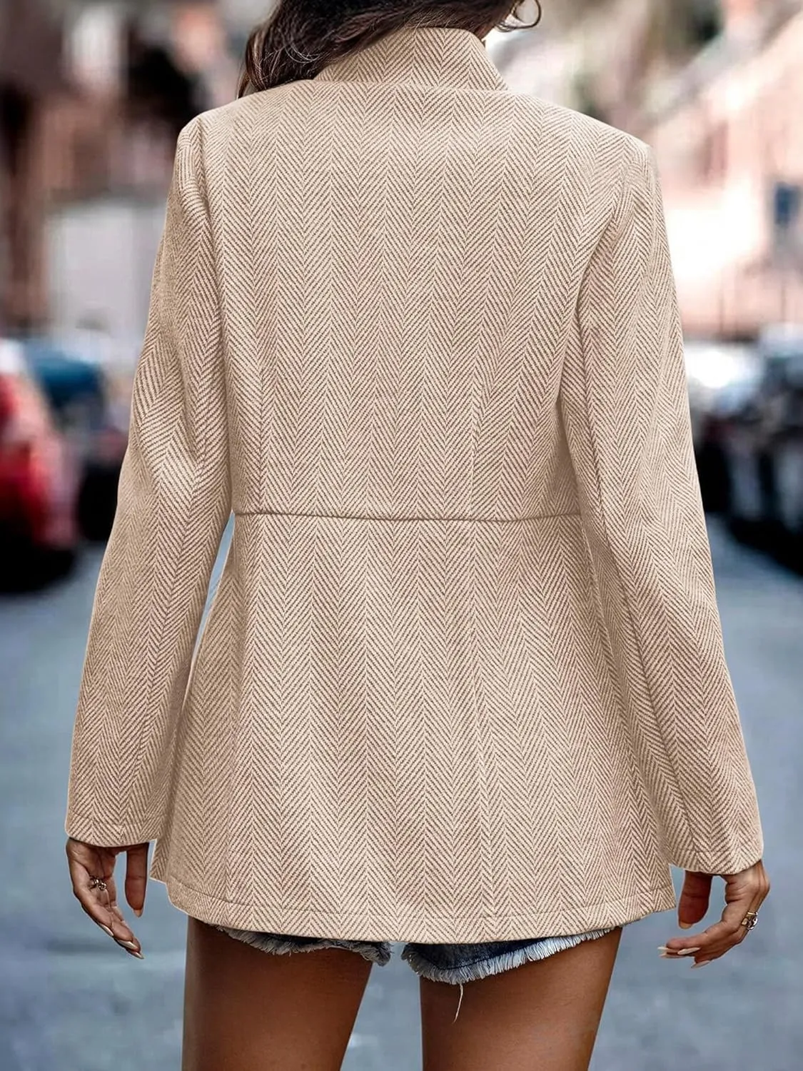 ELLEVEN Womens Open Front Herringbone Blazer-Business Casual Long Sleeve Work Jacket with Full Lining and Padded Shoulders