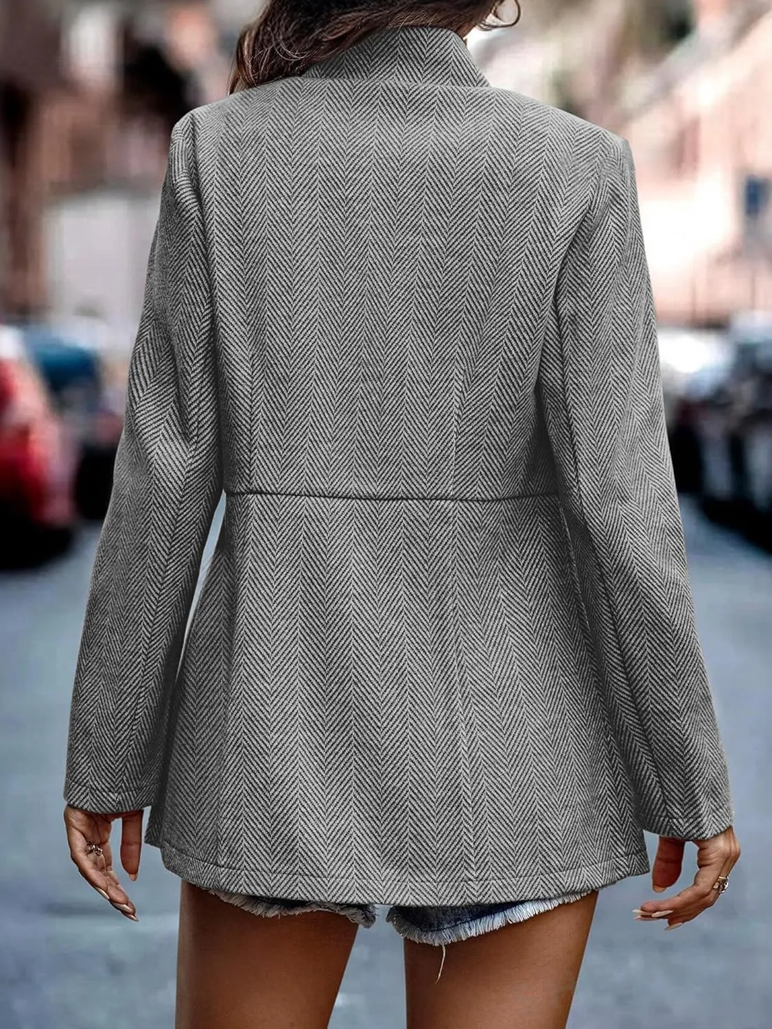 ELLEVEN Womens Open Front Herringbone Blazer-Business Casual Long Sleeve Work Jacket with Full Lining and Padded Shoulders