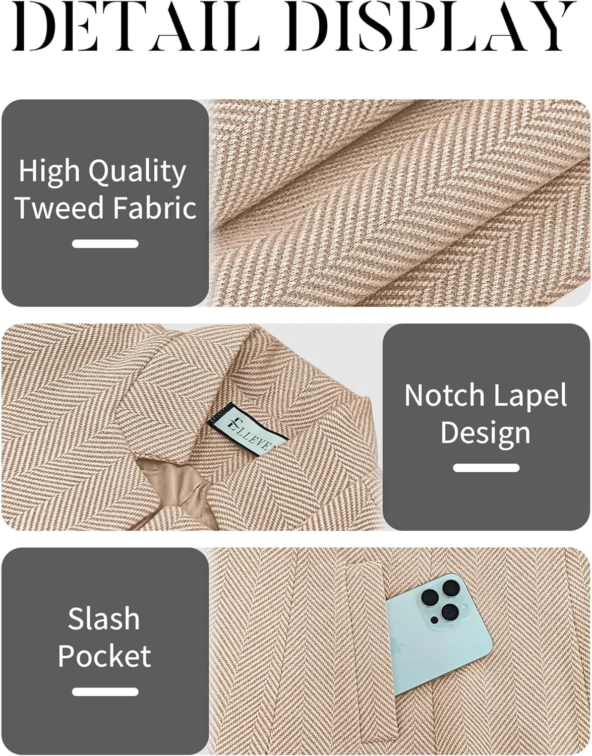 ELLEVEN Womens Open Front Herringbone Blazer-Business Casual Long Sleeve Work Jacket with Full Lining and Padded Shoulders