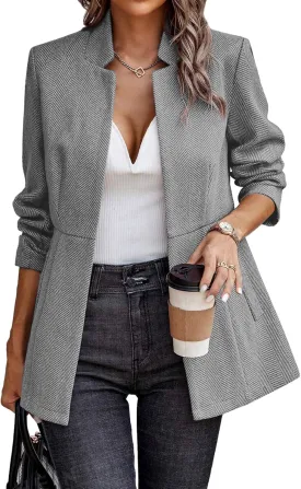 ELLEVEN Womens Open Front Herringbone Blazer-Business Casual Long Sleeve Work Jacket with Full Lining and Padded Shoulders